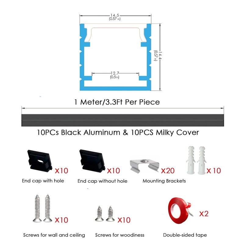 Besseto LED Aluminum Channel Black 10Pack 1M/3.3Ft,Square LED Strip Light Diffuser Aluminum Channel Profile Extruison for Living Room Bedroom Bathroom Stairs - Image 3
